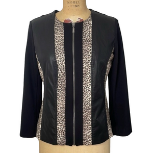 Chico's Womens Black Leopard Print Zip Up Jacket Blazer Small 4 Vegan Leather